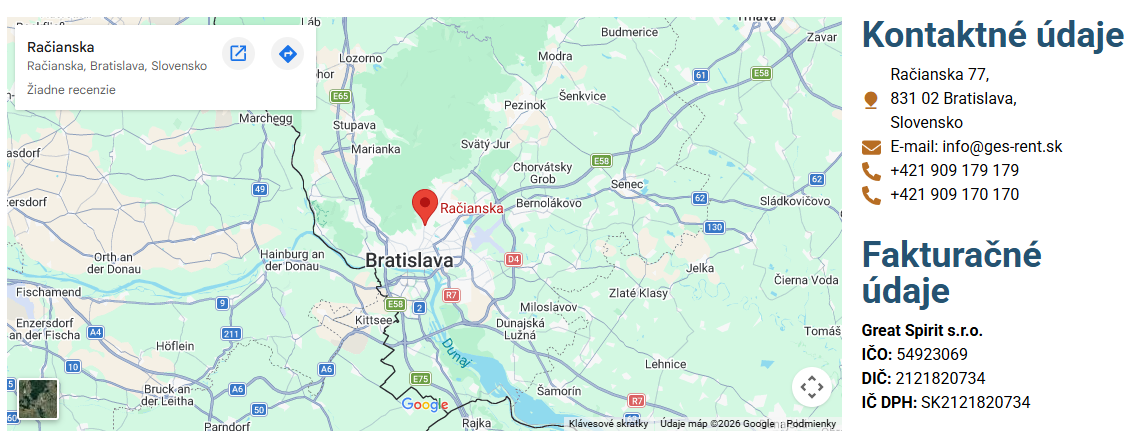 Mapa Bratislavy s vyznačenou polohou na Račianskej ulici a kontaktné údaje spoločnosti Great Spirit s.r.o. vrátane adresy Račianska 77, e-mailu info@ges-rent.sk, telefónnych čísiel a fakturačných údajov (IČO, DIČ, IČ DPH).